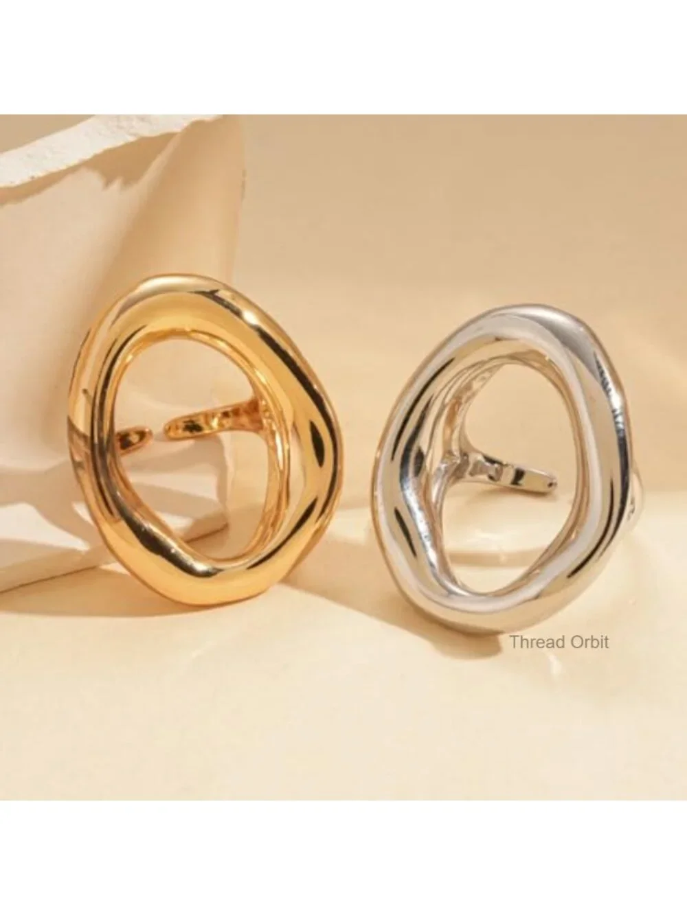 Chunky Irregular Hollow Oval Statement Ring Adjustable Open Band Geometric